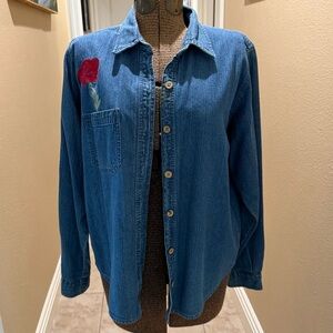Coldwater Creek Blue Denim Button-Down Shirt with Red Rose Embroidery